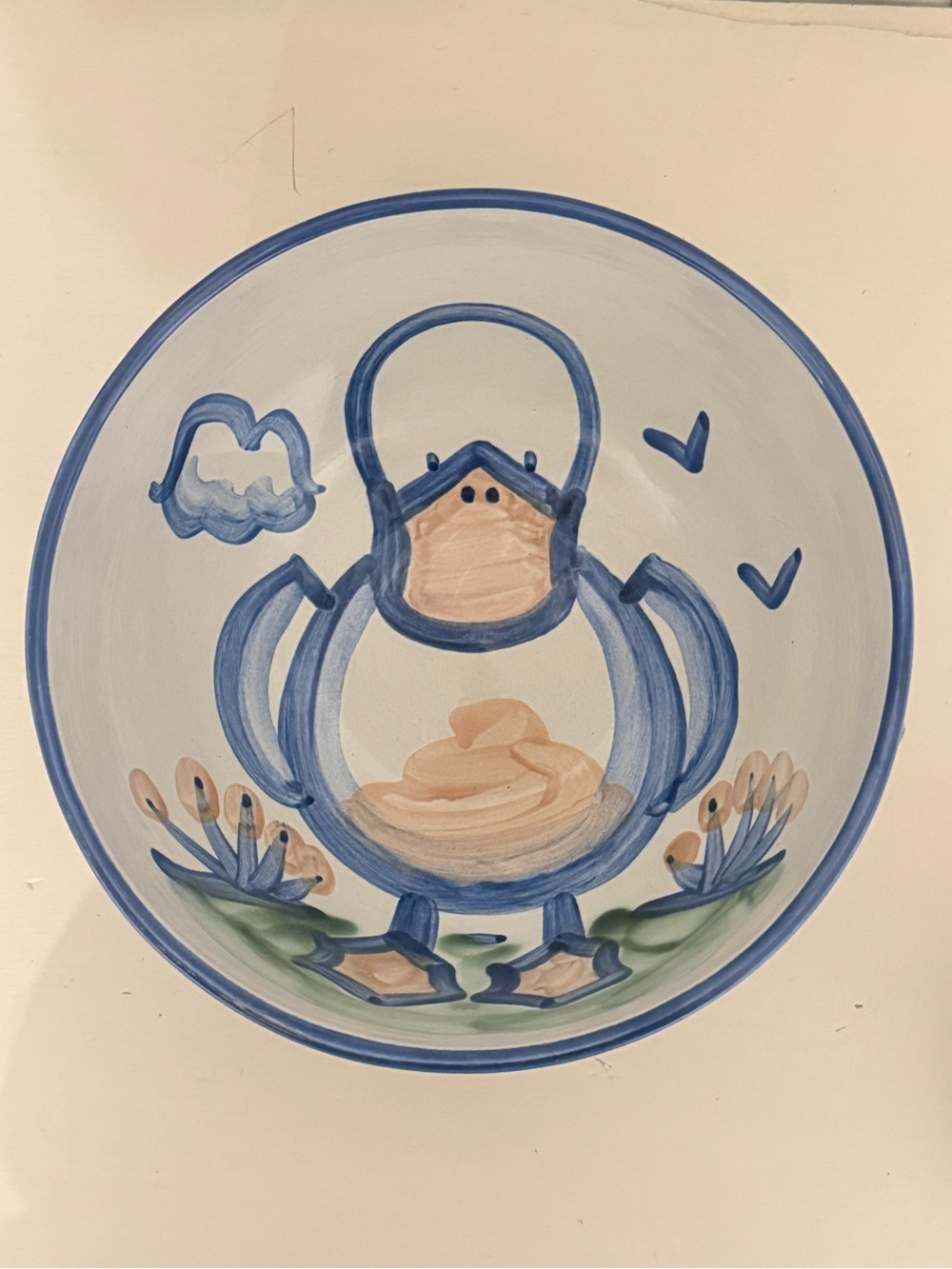 Vintage MA Hadley Duck 8.25” Round Serving Bowl Country Scene Blue Pottery